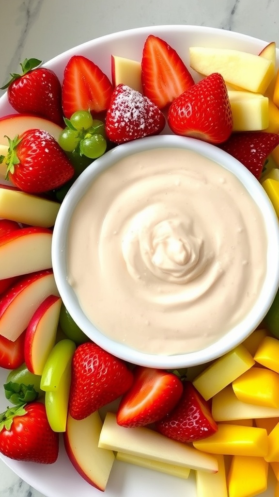 Easy Cream Cheese Fruit Dip Recipe A vibrant fruit platter with strawberries, apple slices, and grapes surrounding a bowl of creamy fruit dip.